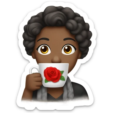 Una mujer ojos grande cabellos negro hasta los hombres gran sonrisa suéter blanco una bufanda roja tez clara y bebiendo una taza de café  sticker
