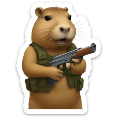 Capybara with a gun in 128 by 128 sizing sticker