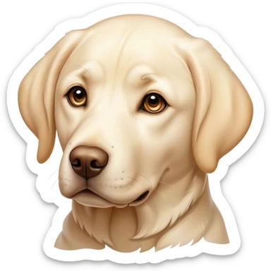 Cinematic Noble Cream Labrador Portrait Emoji, Poised and regal, with a strong, athletic build and a smooth, well-groomed cream Fur, deep-set soulful warm eyes, Simplified yet sharp and sophisticated features, highly detailed, glowing with a soft, dignified glow, high shine, intelligent and gentle, stylized with an air of grace, focused and attentive, soft glowing outline, capturing the essence of a watchful and loving companion, so majestic it feels as though it could bound out of the screen with effortless authority! sticker