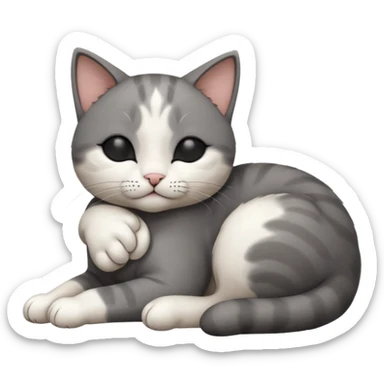 dark grey and white small cat with his eyes closed leaning his head on his paw while leaning on his elbow lying down sticker