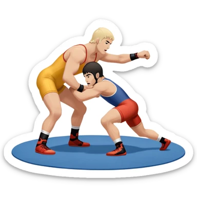 An icon showcasing two wrestlers engaged in a dynamic free wrestling match. The athletes are in mid-action, one attempting a takedown while the other defends. The background features a wrestling mat, and the fighters wear traditional singlets. Transparent background  sticker