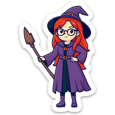 50-year-old sexy, long haired woman with red hair and glasses dressed up in a Halloween costume probably a witch sticker