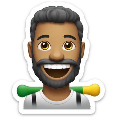 Create an image of a Brazilian drummer with tied hair and a beard, expressing joy while playing drums in his live stream. Include the logo "GG Lukas Drummer" in the background. sticker