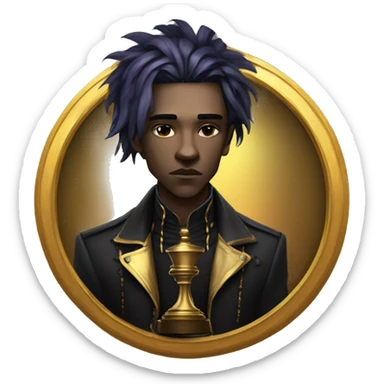 Hamlet young skinny sad man iridescent hair wearing raven feathers with a gilded hourglass and golden flames yin yang chess board sticker