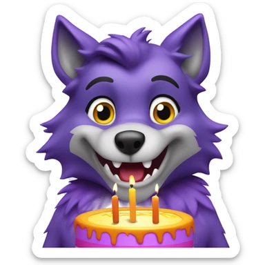 Purple, anthropomorphic wolf blowing out birthday candles sticker