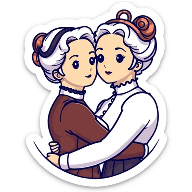 Two Victorian women embracing, one with white coiffed hair and one with copper coiffed hair, both with light eyes, wearing Victorian high-neck dresses sticker