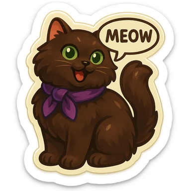 Fluffy meowing cute dark-brown cat with green eyes and a purple scarf saying ‘meow’ (with a speech bubble) sticker