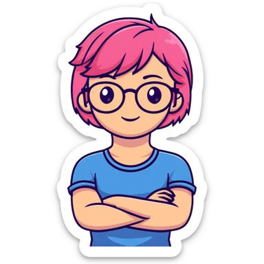Pink-haired girl with glasses crossing her arms with a slight smirk sticker