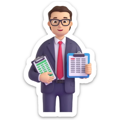male accountant with spreadsheet, calculator and ledger sticker