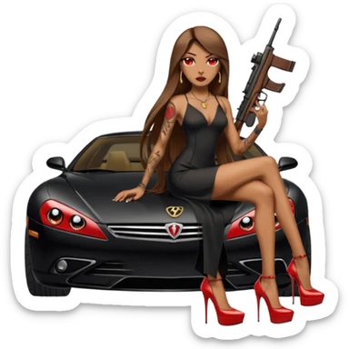Lilith tan skin female red eyes symbol. Tattoo arms. Her hair is brown straight long hair.wearing sexy long sexy dress with slit. black stiletto thick platform high heels shoes on. Sitting on gold giant luxury car with cash inside . She is holding a sniper rifle in one hand cash in other hand sticker