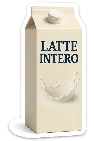 scatola di latte realistica CON LA SCRITTA "LATTE INTERO" IN ITALIANO, iperrealistico 4k sticker