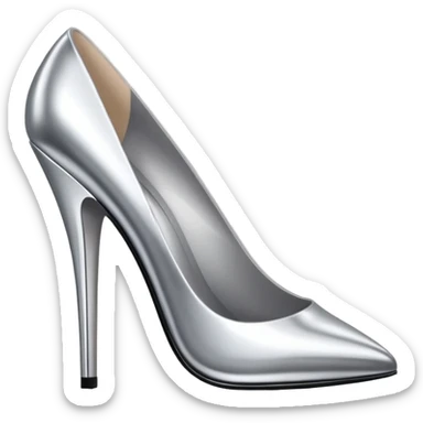 A pair of high heel shoes emoji made of polished silver chrome, elegant sharp silhouette, smooth metallic surface, glossy reflections, luxury sexy vibe, minimalistic iOS emoji style, centered, clean white background sticker