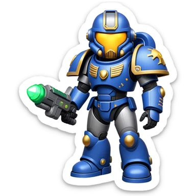 Clash of Clans aesthetic: Cinematic Playful Space Marine Hero Emoji, rendered in a 3D vector-style similar to standard emojis with minimal shading and bold, simplified shapes. A compact, heroic isometric figure clad in futuristic power armor with signature energy accents, softly glowing with a cosmic battle charm. Simplified yet unmistakably iconic, highly detailed and consistent, glowing with a soft radiant shine and high gloss. Stylized with a touch of interstellar valor and a soft glowing outline, capturing the essence of an elite space warrior with a friendly, playful manner! sticker