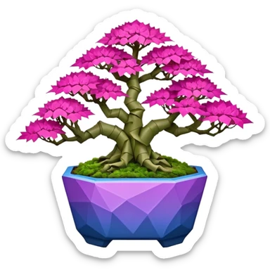 Futuristic wild et alien moss maples Bonsai hair-fine-leaf group crimson crystal azalea purple and cream pink blue forest planting in shallow slab origami style pot  sticker