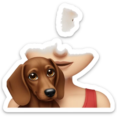 White girl with straight brown hair and blue eyes holding a red dachshund  sticker