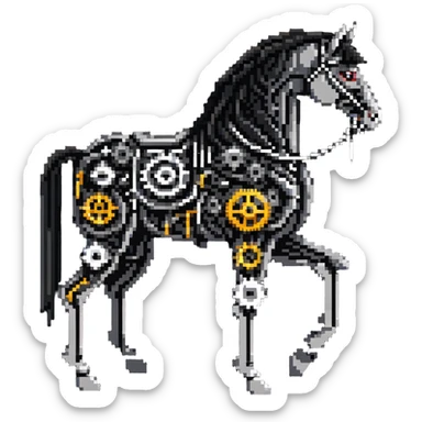 Horse constructed from mechanical parts, gears, cogs, wires, and ropes, steampunk aesthetic sticker