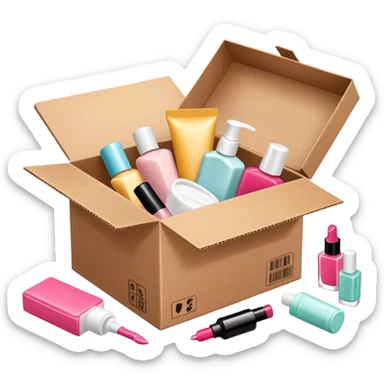 a cardboard box with assorted beauty products like compact, lotion, and nail polish spilling out sticker