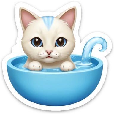 A water bowl and a cat licking sticker