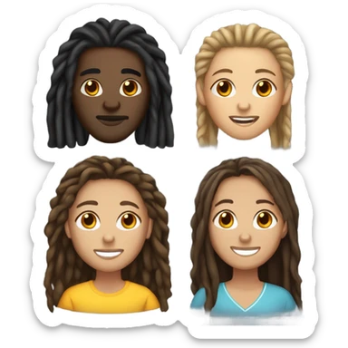 Black athletic male with long dreads, Spanish female with long brunette hair, and while female with brunette hair sticker