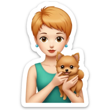 Woman with a pixie hair cut Holding a Pomeranian  sticker