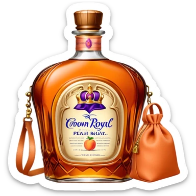 Crown Royal Peach whisky bottle with orange peach-colored bag sticker