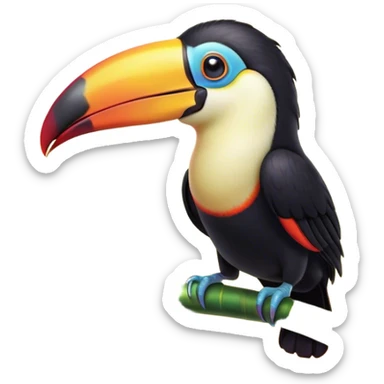 Cinematic Cute Toucan Portrait Emoji, Head tilted playfully and inquisitively, with a delightfully vibrant beak and round, sparkling eyes filled with tropical charm, Simplified yet irresistibly adorable features, highly detailed, glowing with a warm, inviting tropical glow, high shine, affectionate and lively, stylized with a touch of whimsical exotic flair, soft glowing outline, capturing the essence of a mischievous yet loving toucan that seems as if it could flutter out of the screen into your arms! sticker