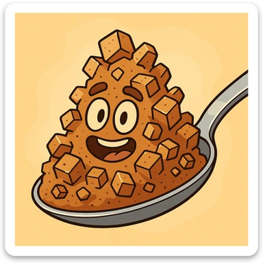 a spoonful of brown sugar, cartoon style, exaggerated sugar crystals, bright background sticker