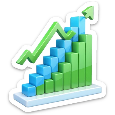 3D bar chart with upward trend, pie chart, colorful graphs, 
data visualization, blue and green colors, transparent background, 
emoji style, realistic, modern business analytics sticker