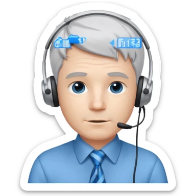 white male programmer with short messy silver gray hair, blue tie, small headphones sticker