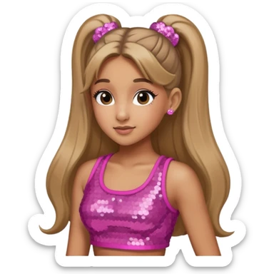 Ariana Grande with long dark blonde ponytail hair, pink sequin crop top sticker