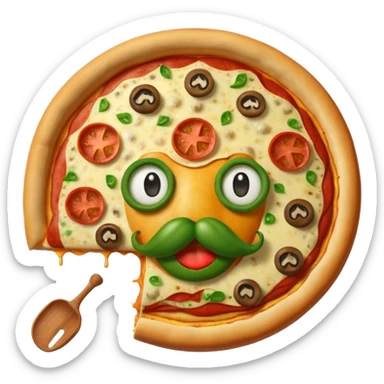 a  whole pizza with pepperonis from eyes and mushroom from the nose and green bell pepper from the mouth and mustache sticker