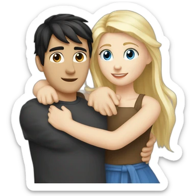 blond white girl with blue eyes hug white boy with black hair with pony-tail sticker