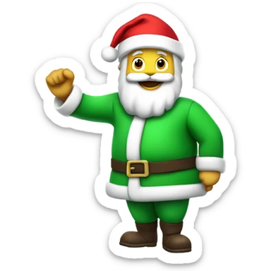 Santa Claus in a green suit and green hat waving with his left hand holding a red sack over his right shoulder sticker
