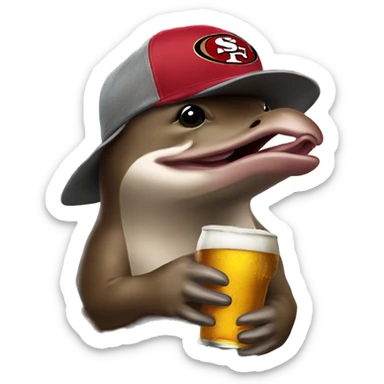 platypus in a 49ers cap holding a beer sticker