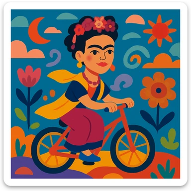 Frida Kahlo on a bicycle, whimsical, surreal elements, vivid palette, iconic unibrow sticker