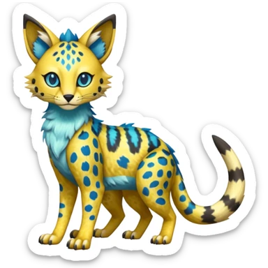 Colorful Golden Gold Shiny Lombax-Sergal-Vernid-Trico-Serval-Civet-Genet-Pokémon-Digimon-Fakémon-fusion-hybrid-creature with Cyan stripes and blue leopard-spot-markings  sticker