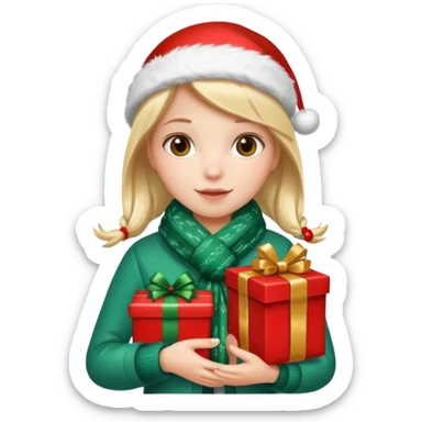 a girl wearing a chirstmas jacket and scarf and holding a christmas gift sticker