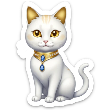 Fancy white sophisticated elegant sitting pet cat with a gold-sapphire collar (full body)  sticker