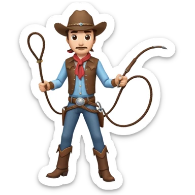 cowboy man holding a whip, dynamic pose, western outfit, adventure vibe, 3D cartoon, mobile game icon style, clean background, no text, no watermark
 sticker