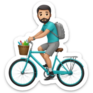 a man with a grey backpack and a torquoise byciycl and he has black shot=rt man hair and a beard with a polo grey shirt and dress pants and hes riding it sticker