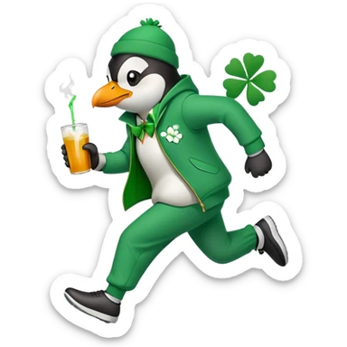full body friendly anthropomorphised penguin wearing green mafia-style tracksuit, angry, running aggressively, shamrock accessory, no drink sticker