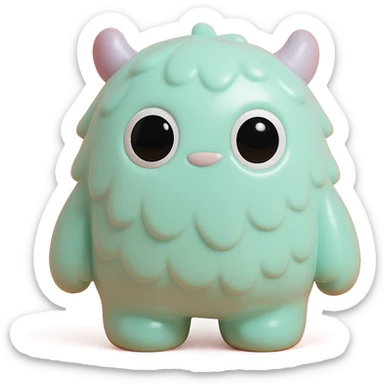 fluffy monster with soft fur texture, big round eyes, small ears, pastel color palette, toy-like sticker