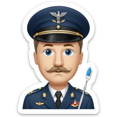 Adolf Hitler had an oval face with fair skin. His eyes were blue and his eyebrows were dark and somewhat bushy. Above his upper lip he wore a small, brush-like mustache, known as a "toothbrush moustache". His sticker