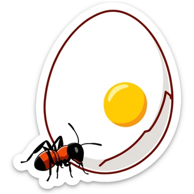cartoon style twemoji, an egg next to a biological cell, both to the left of an ant, with a darker background sticker