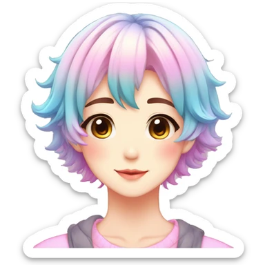 Gorgeous anime style shojo character with blushing face aesthetic and pretty colorful shiny gradient pastel hair with hair garment trending style sticker