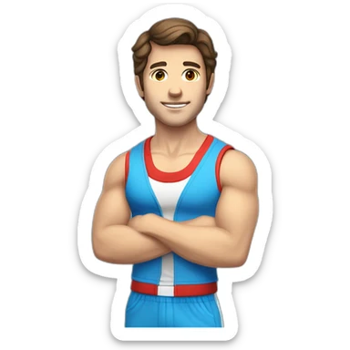 retro 70s blue and red gym clothes for a modern white brunette uni male student with glass sticker