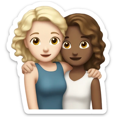 Adult girl with white skin and blond short straight hair hugging teenage girl with white skin and brown wavy hair sticker