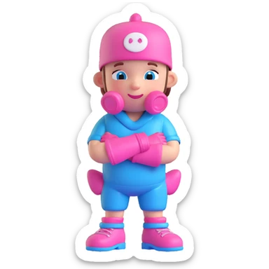 3D cartoon pacifier character, adult version, standing with arms crossed, confident mischievous expression, gloved hands, shoes, baby blue and pink color scheme, transparent background. sticker