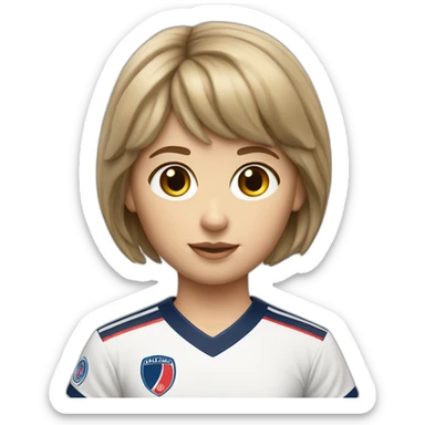 Short dark blond hair fringe girl, with grey eyes, a 1980 PSG jersey and a baguette sticker