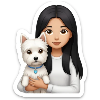 A girl with long straight black hair holding a white Westie sticker
